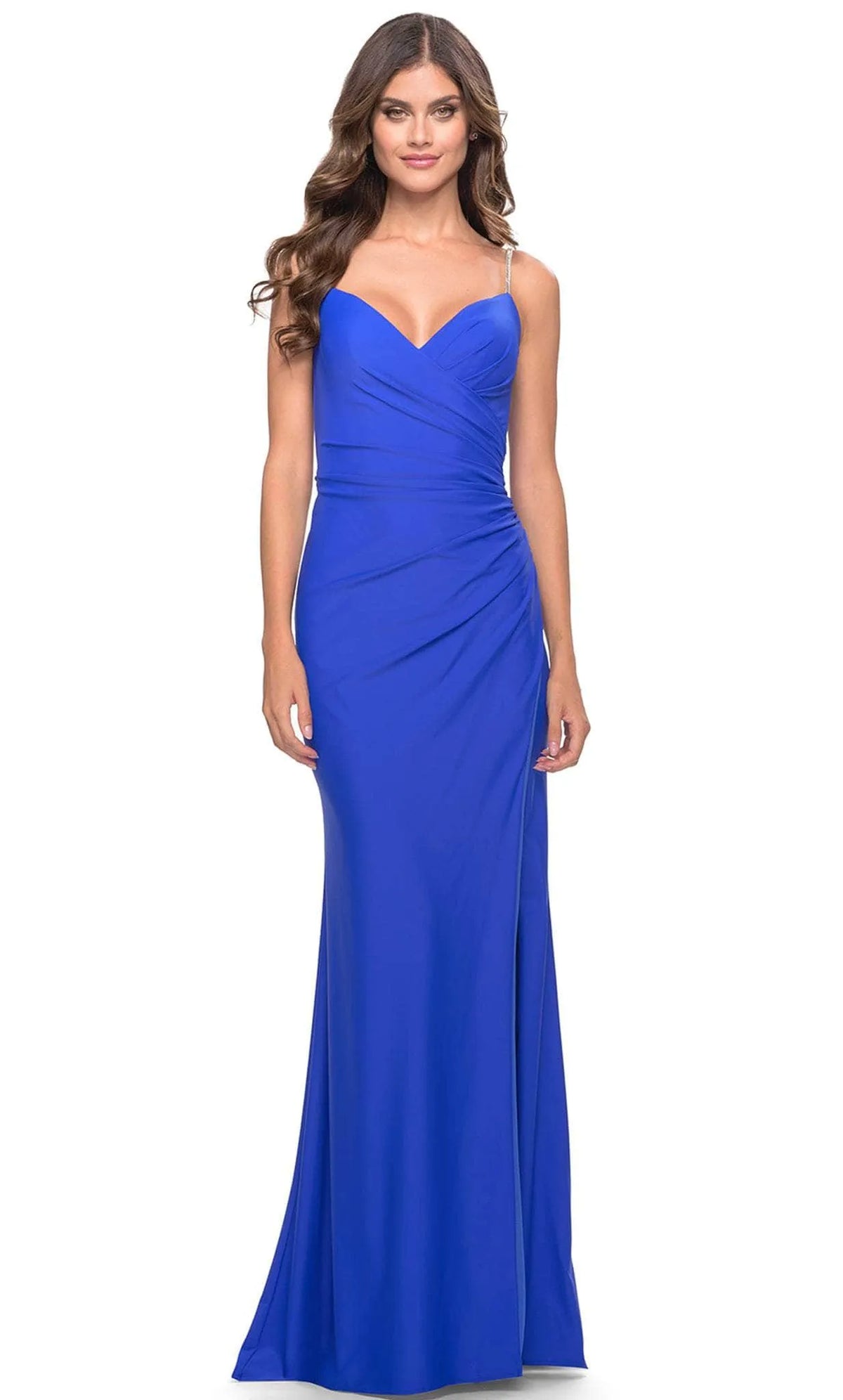 Red Sweetheart Neckline Evening Gown with Straps Draped Bodice and High Side Slit