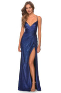 Blue Royal Metallic Finish Prom Dress with Spaghetti Straps Plunging V Neck Twisted Bodice High Side Slit Ideal for Formal Balls Evening Galas and Luxury Soirées