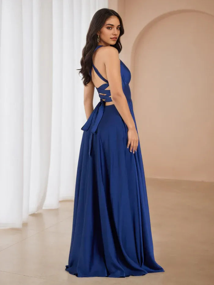 Blue Royal Halter Dress Side Slit and for Formal Events