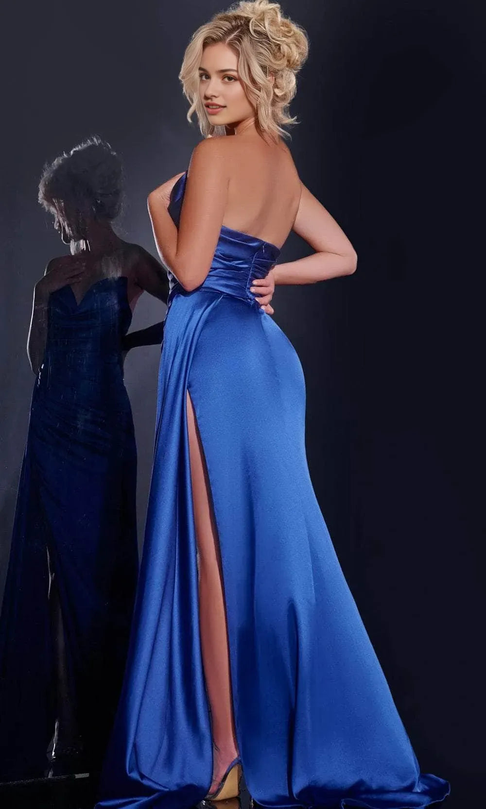 Blue Royal Strapless Prom Dress with High Side Slit for Formal Galas