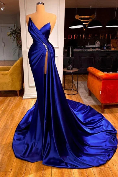 Blue Royal Sweetheart Prom Dress Mermaid Long Evening Gowns With Split