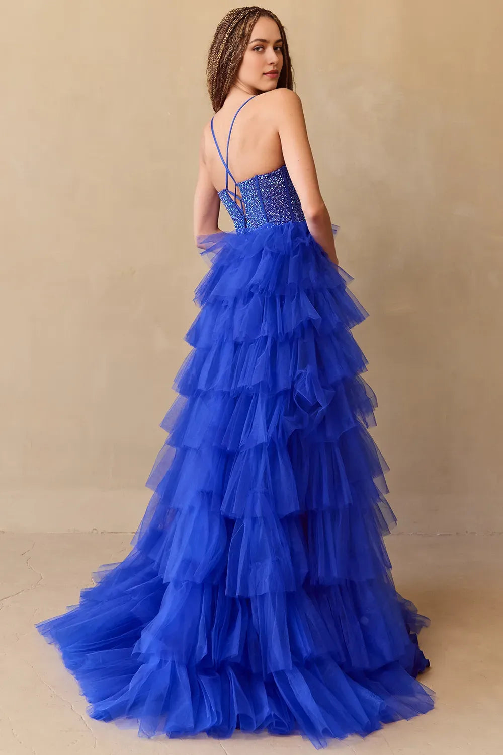 Blue Royal Prom Dress with Corset Bodice Tiered Ruffles and High Side Slit for Formal Occasions