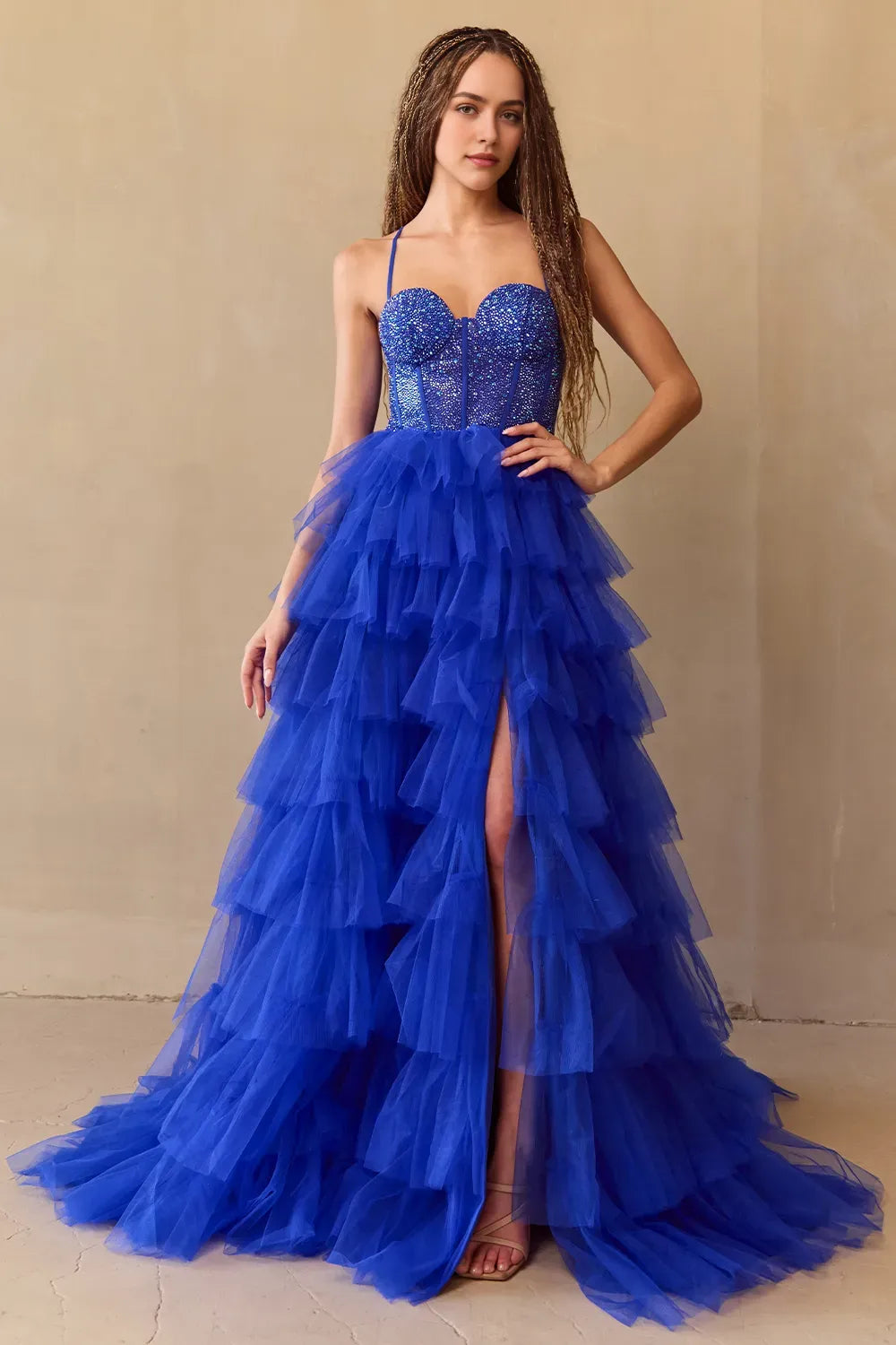 Blue Royal Prom Dress with Corset Bodice Tiered Ruffles and High Side Slit for Formal Occasions