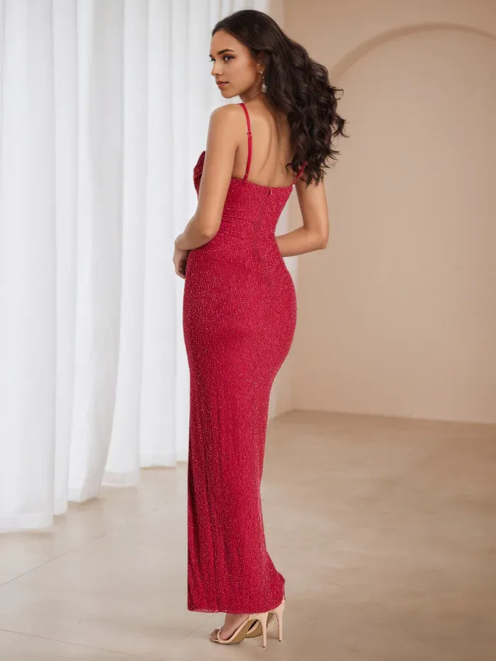 Red Ruby Glitter Prom Dress Cowl Neckline Straps Sculpted Silhouette to Elevate Gala Style
