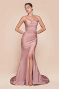 Blush Pink Ruched Mermaid Gown in Blush Sweetheart Neckline Side Slit Ideal for Prom Nights