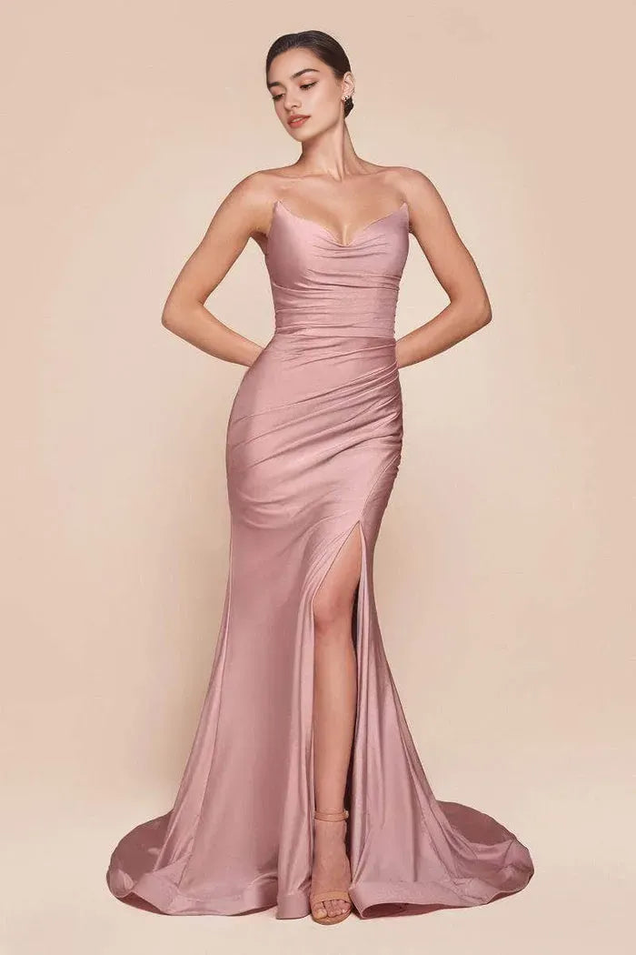 Blush Pink Ruched Mermaid Gown in Blush Sweetheart Neckline Side Slit Ideal for Prom Nights