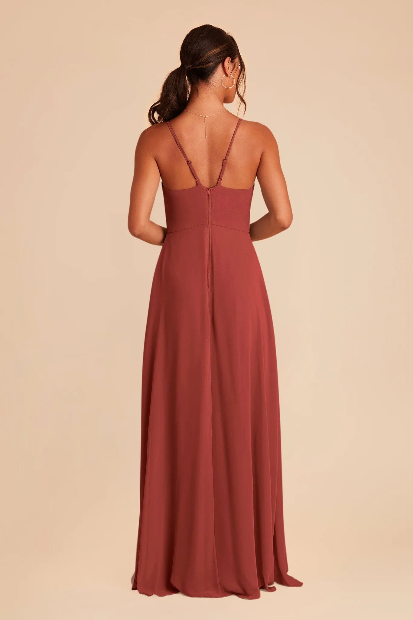 Rust Red Gown Spaghetti Straps V Neck Ruffled Slit for Formal Prom Dresses Events Abroad