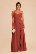 Rust Red Gown Spaghetti Straps V Neck Ruffled Slit for Formal Prom Dresses Events Abroad