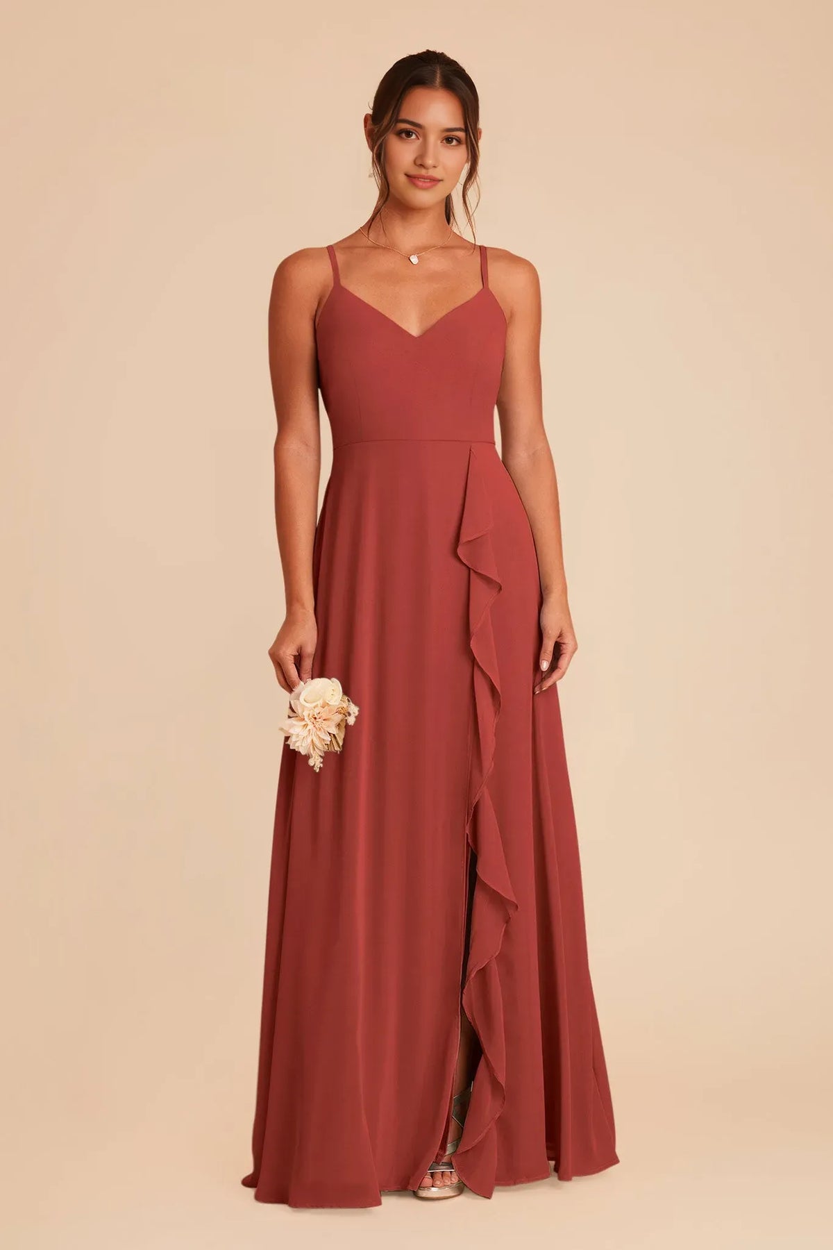 Rust Red Gown Spaghetti Straps V Neck Ruffled Slit for Formal Prom Dresses Events Abroad