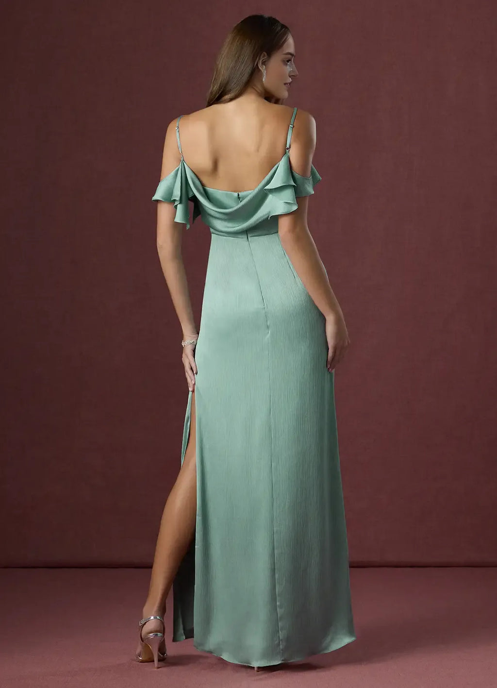 Sage Green Prom Gown Cold Shoulder Ruffled Straps Ruched Bodice Fabric and Side Slit for Memorable Evenings