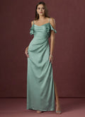 Sage Green Prom Gown Cold Shoulder Ruffled Straps Ruched Bodice Fabric and Side Slit for Memorable Evenings