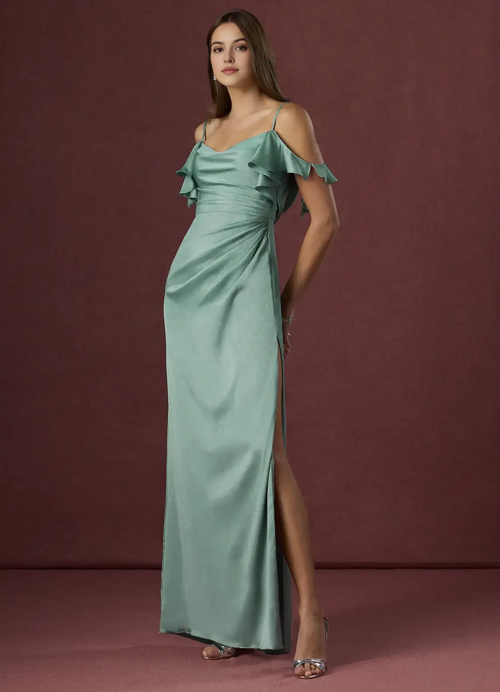 Sage Green Prom Gown Cold Shoulder Ruffled Straps Ruched Bodice Fabric and Side Slit for Memorable Evenings