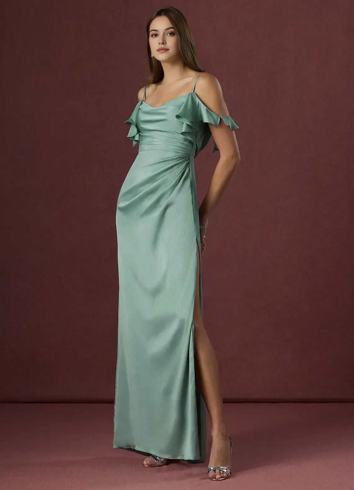 Sage Green Prom Gown Cold Shoulder Ruffled Straps Ruched Bodice Fabric and Side Slit for Memorable Evenings