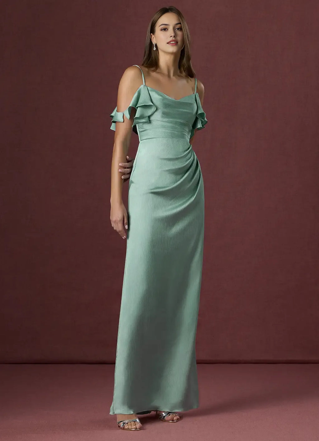 Sage Green Prom Gown Cold Shoulder Ruffled Straps Ruched Bodice Fabric and Side Slit for Memorable Evenings