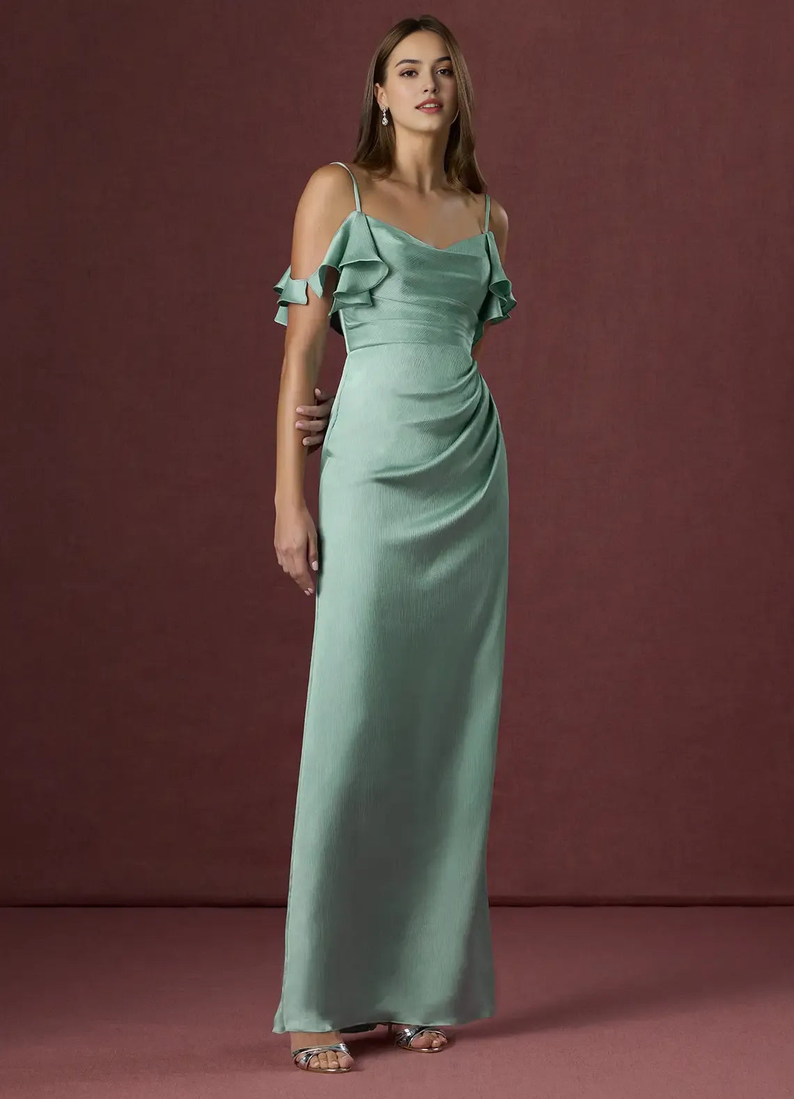 Sage Green Prom Gown Cold Shoulder Ruffled Straps Ruched Bodice Fabric and Side Slit for Memorable Evenings