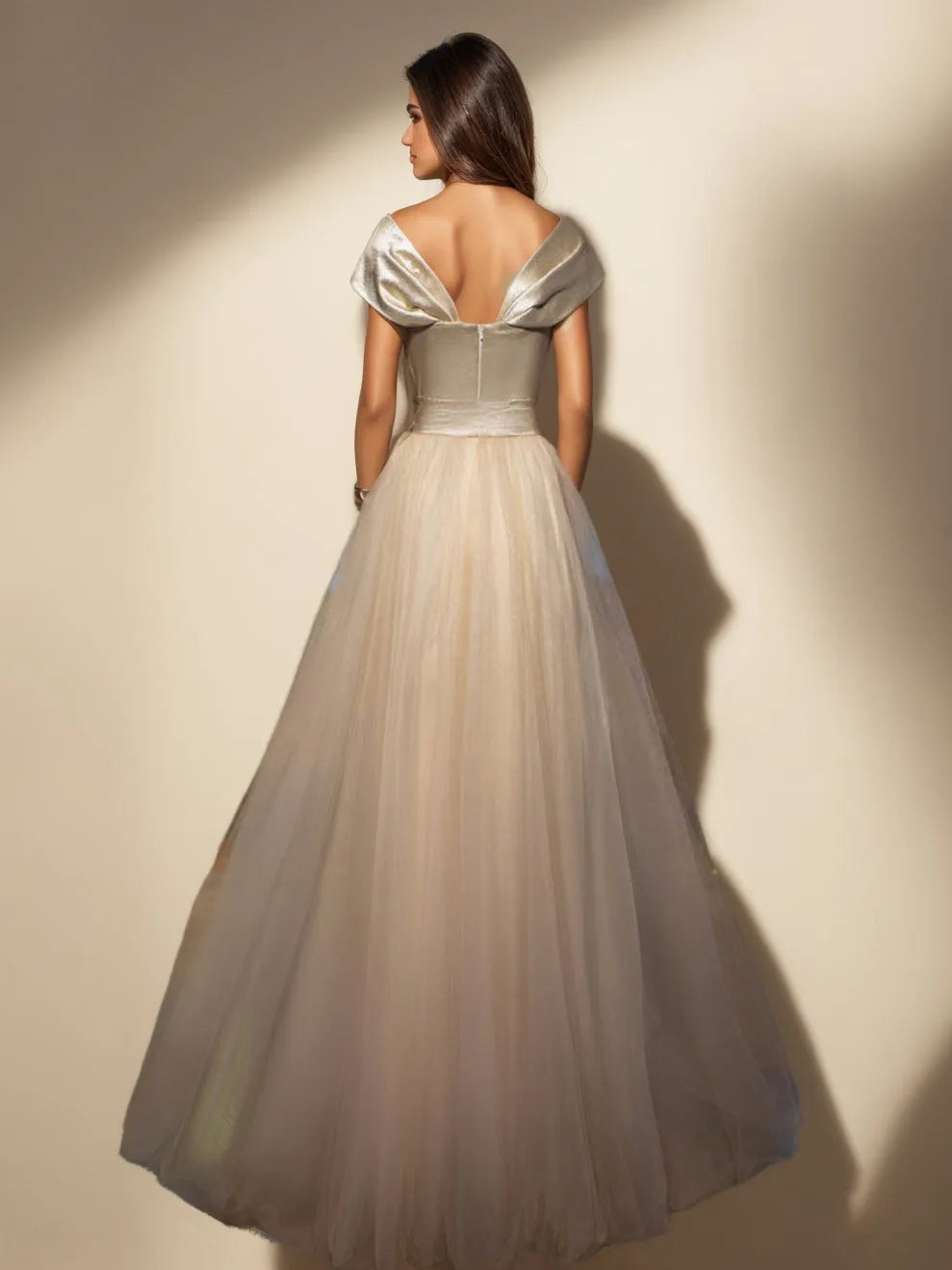 A-Line Off-the-Shoulder Sleeveless Back Zip High-Slit Floor-Length Prom Evening Dresses with Split Slit & Bow