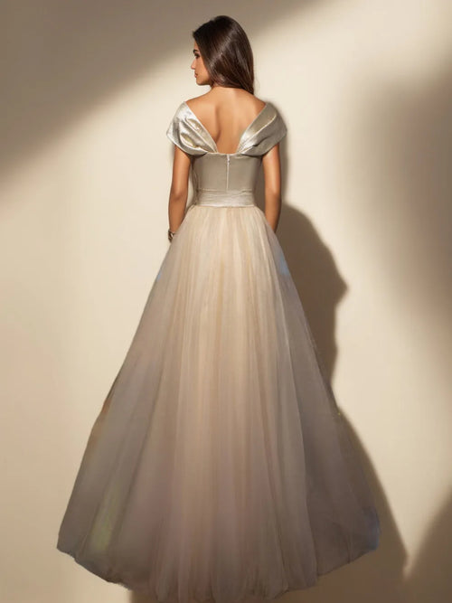 A-Line Off-the-Shoulder Sleeveless Back Zip High-Slit Floor-Length Prom Evening Dresses with Split Slit & Bow