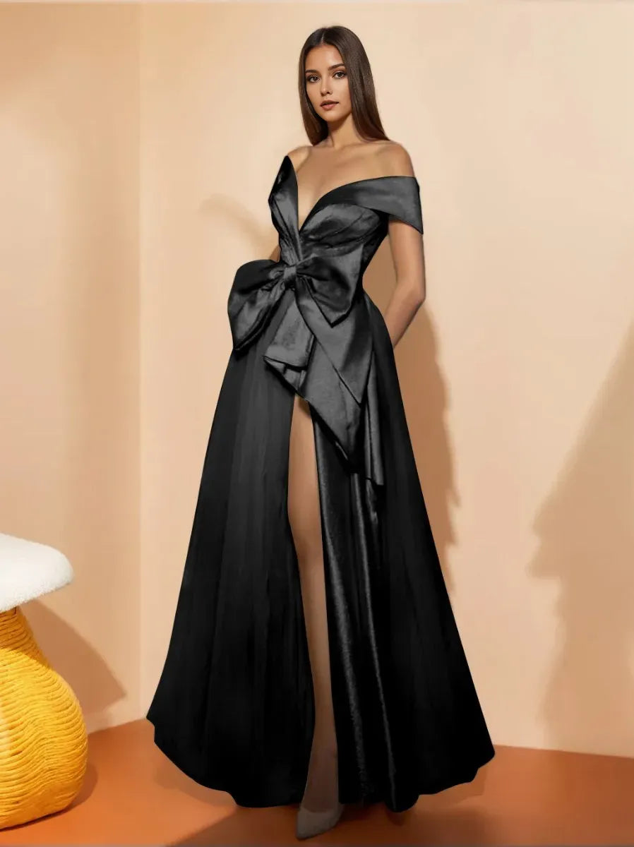 A-Line Off-the-Shoulder Sleeveless Back Zip High-Slit Floor-Length Prom Evening Dresses with Split Slit & Bow