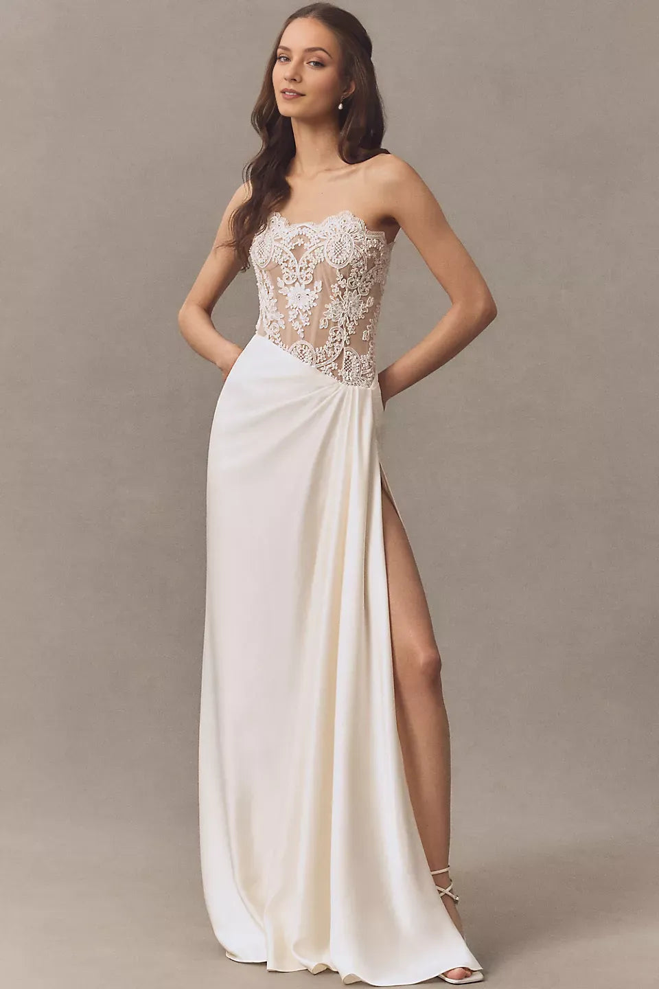 Sheath Strapless neckline Sleeveless Back Zip Side-Slit Floor-Length Wedding Dresses for bride