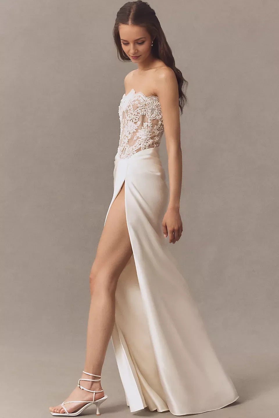Sheath Strapless neckline Sleeveless Back Zip Side-Slit Floor-Length Wedding Dresses for bride