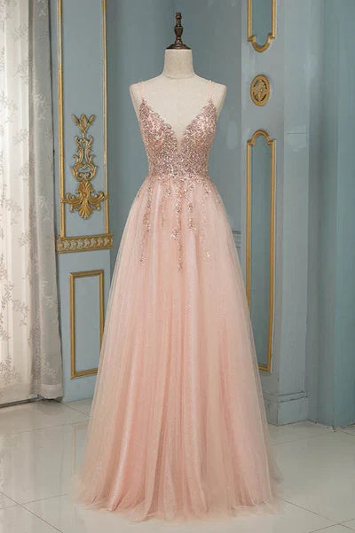 Sequins V-Neck Long Evening Prom Dress Floor Length