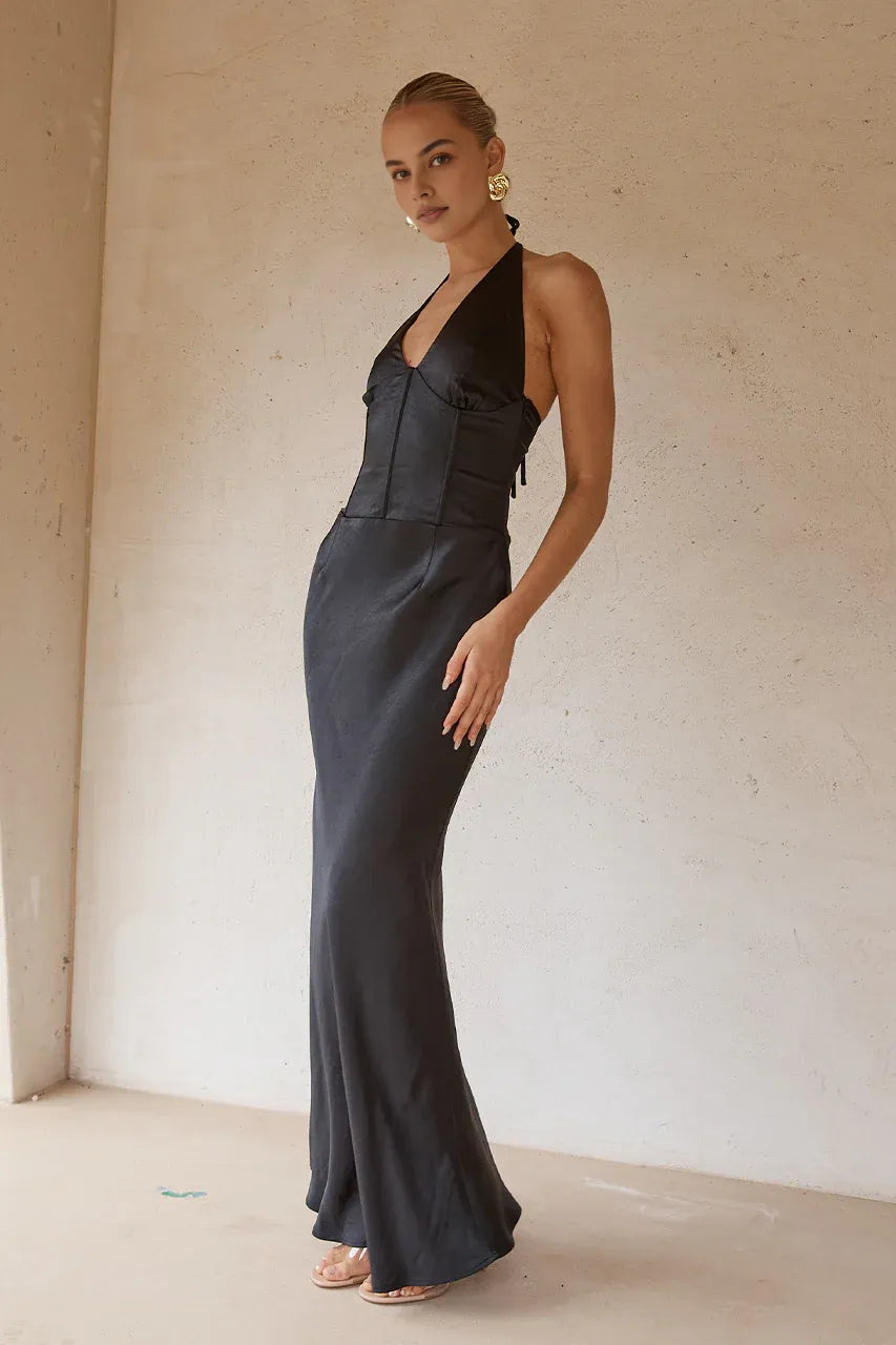 Graceful Stylish Refined Beautiful Elegant Satin Sheath Halter Sleeveless Floor-Length Prom Dress