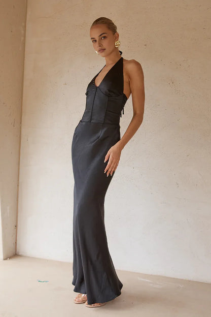 Graceful Stylish Refined Beautiful Elegant Satin Sheath Halter Sleeveless Floor-Length Prom Dress