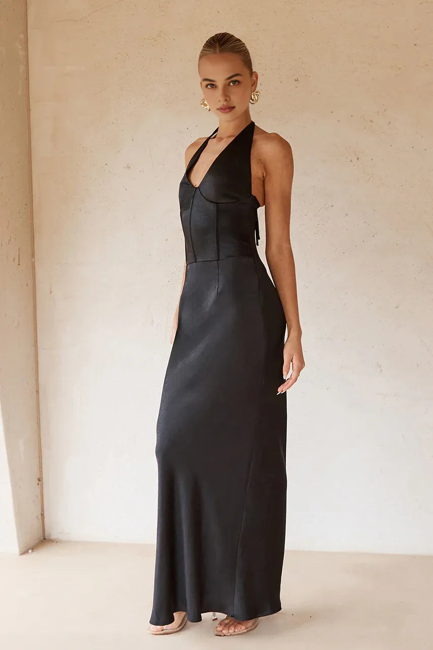 Graceful Stylish Refined Beautiful Elegant Satin Sheath Halter Sleeveless Floor-Length Prom Dress