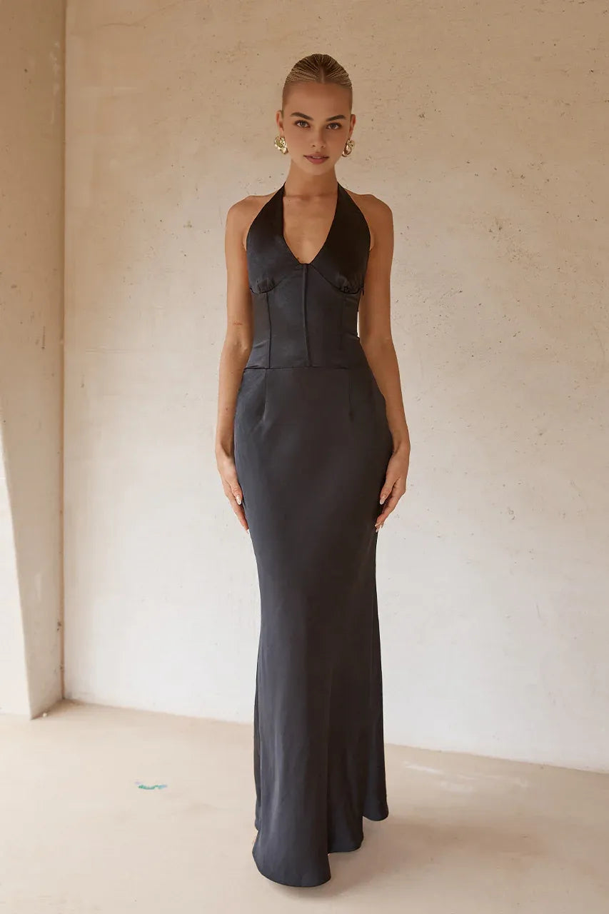 Graceful Stylish Refined Beautiful Elegant Satin Sheath Halter Sleeveless Floor-Length Prom Dress