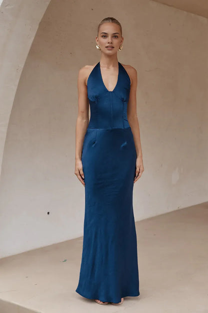 Graceful Stylish Refined Beautiful Elegant Satin Sheath Halter Sleeveless Floor-Length Prom Dress