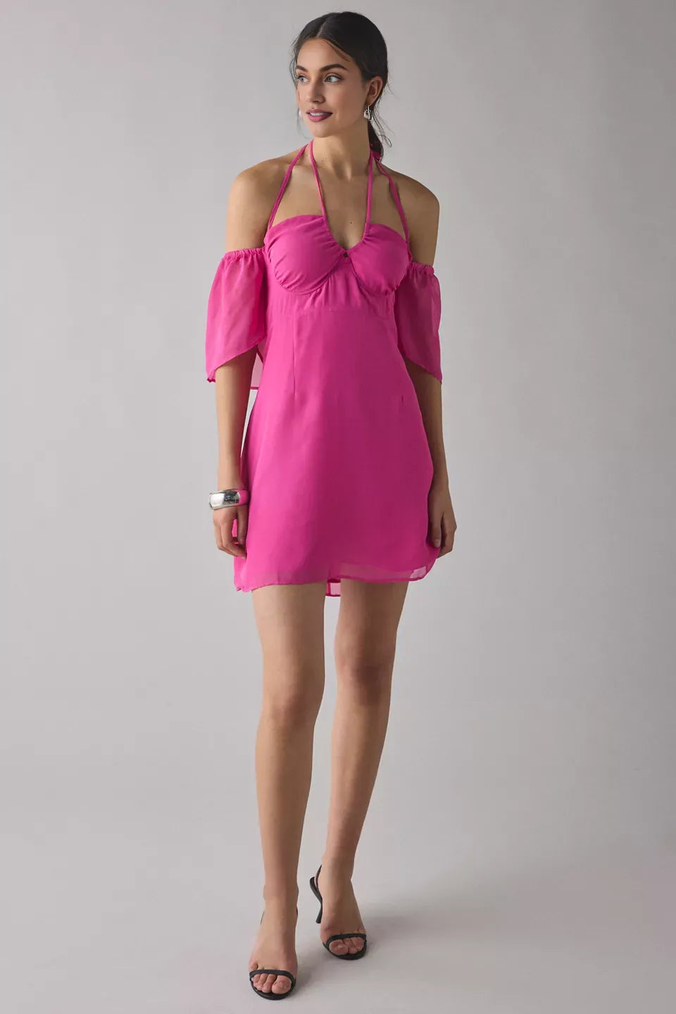 Stylish Refined Beautiful Timeless Elegant Pink Chiffon Sheath Off-The-Shoulder Mini Homecoming Dress