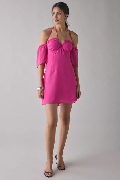 Stylish Refined Beautiful Timeless Elegant Pink Chiffon Sheath Off-The-Shoulder Mini Homecoming Dress