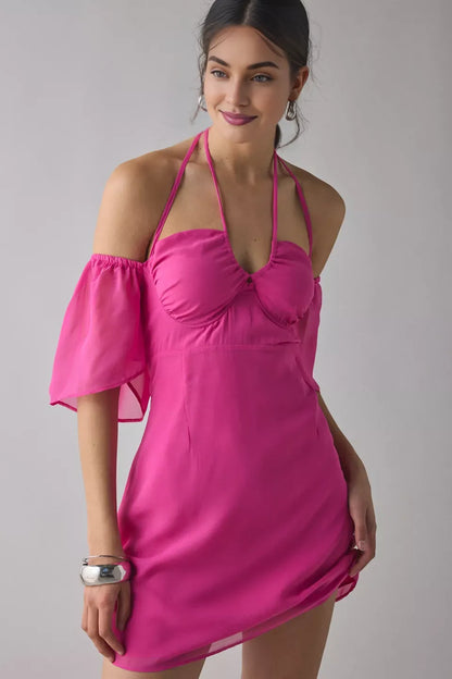 Stylish Refined Beautiful Timeless Elegant Pink Chiffon Sheath Off-The-Shoulder Mini Homecoming Dress