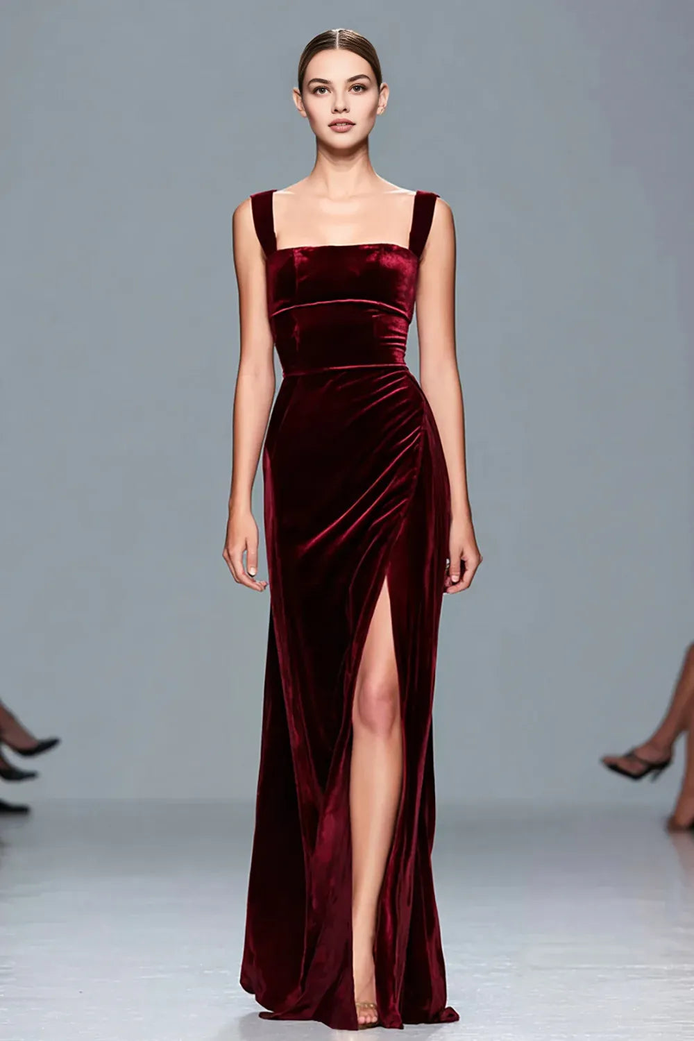 Sophisticated Graceful Elegant Burgundy Velvet Sheath Square Neck Sleeveless Floor-Length Prom Dress