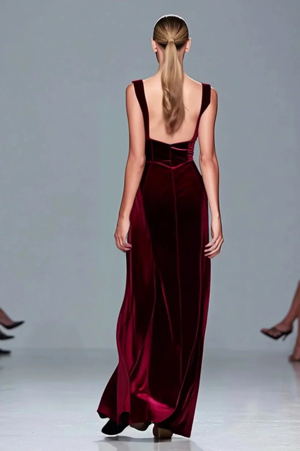 Sophisticated Graceful Elegant Burgundy Velvet Sheath Square Neck Sleeveless Floor-Length Prom Dress