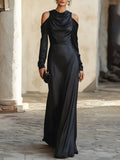 Black Sheath Cowl Neck Cold Shoulder Cutout Floor-Length Prom Dresses