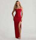 Sheath Glitter Cowl Neck Spaghetti Straps Cross back Floor-Length Side Leg Slit Prom Dresses