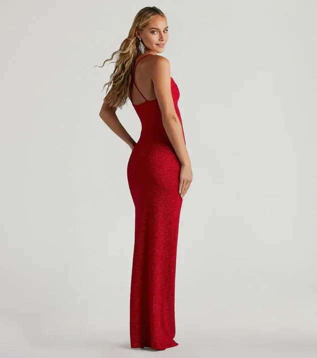 Sheath Glitter Cowl Neck Spaghetti Straps Cross back Floor-Length Side Leg Slit Prom Dresses