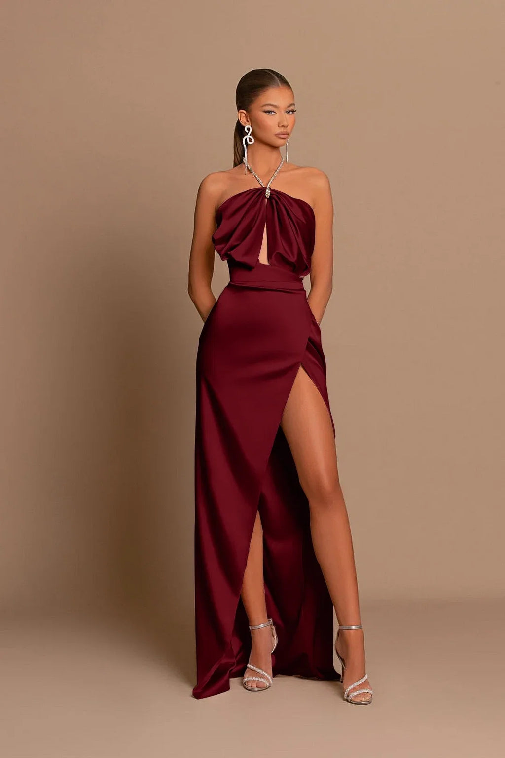 Sheath Halter Draped Emerald Floor-Length Prom Dress