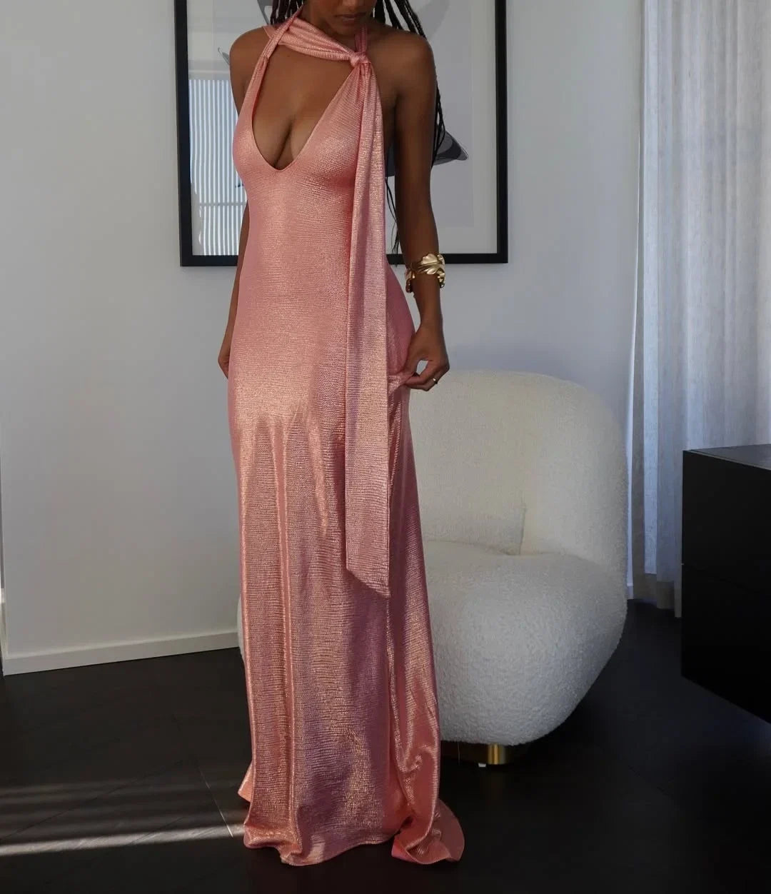 Sheath Halter Metallic Blush Floor-Length Prom Dress
