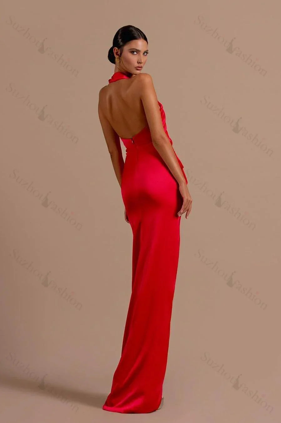 Red Sheath Halter Sleeveless Ruched Floor-Length Evening Dress