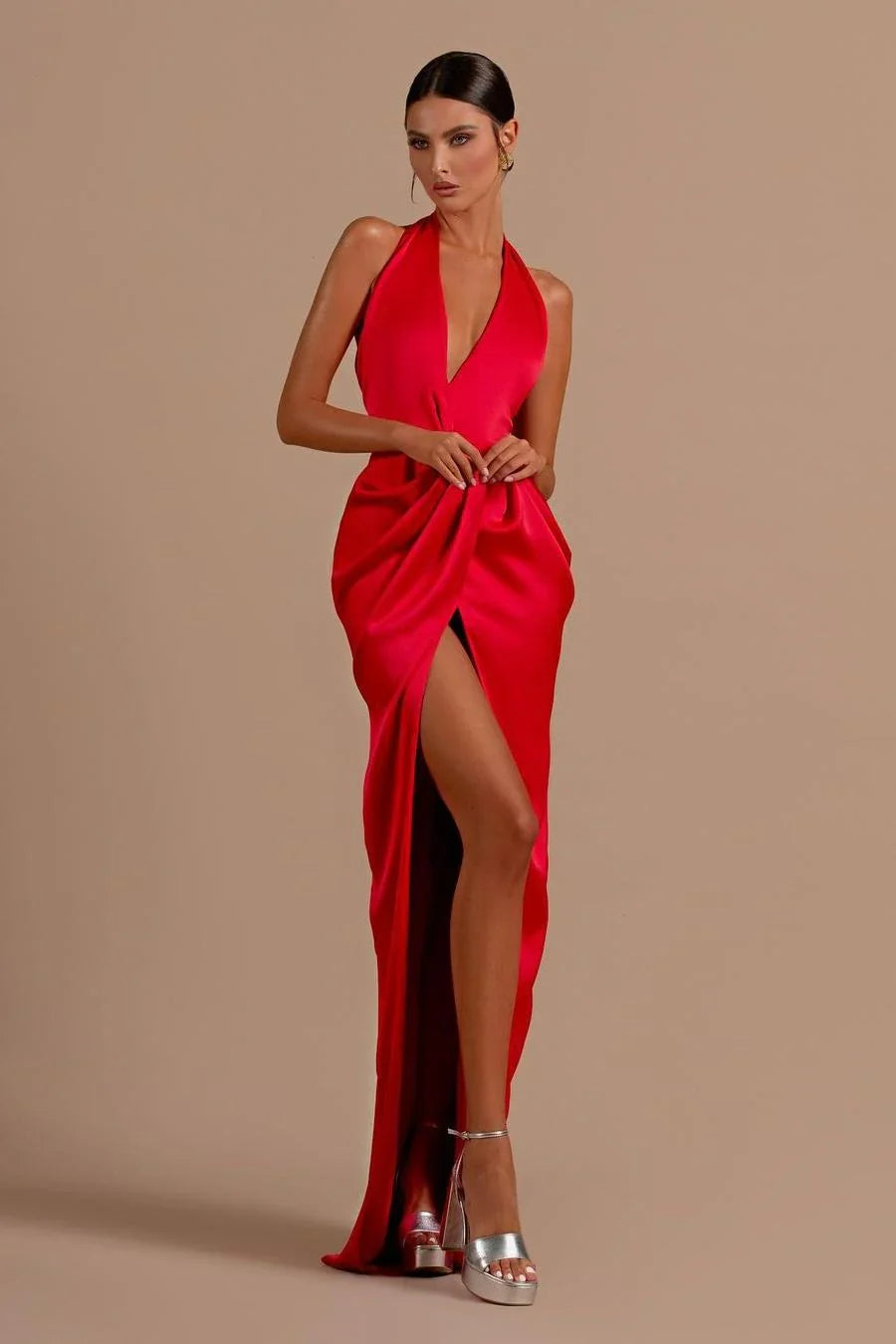 Red Sheath Halter Sleeveless Ruched Floor-Length Prom Dress