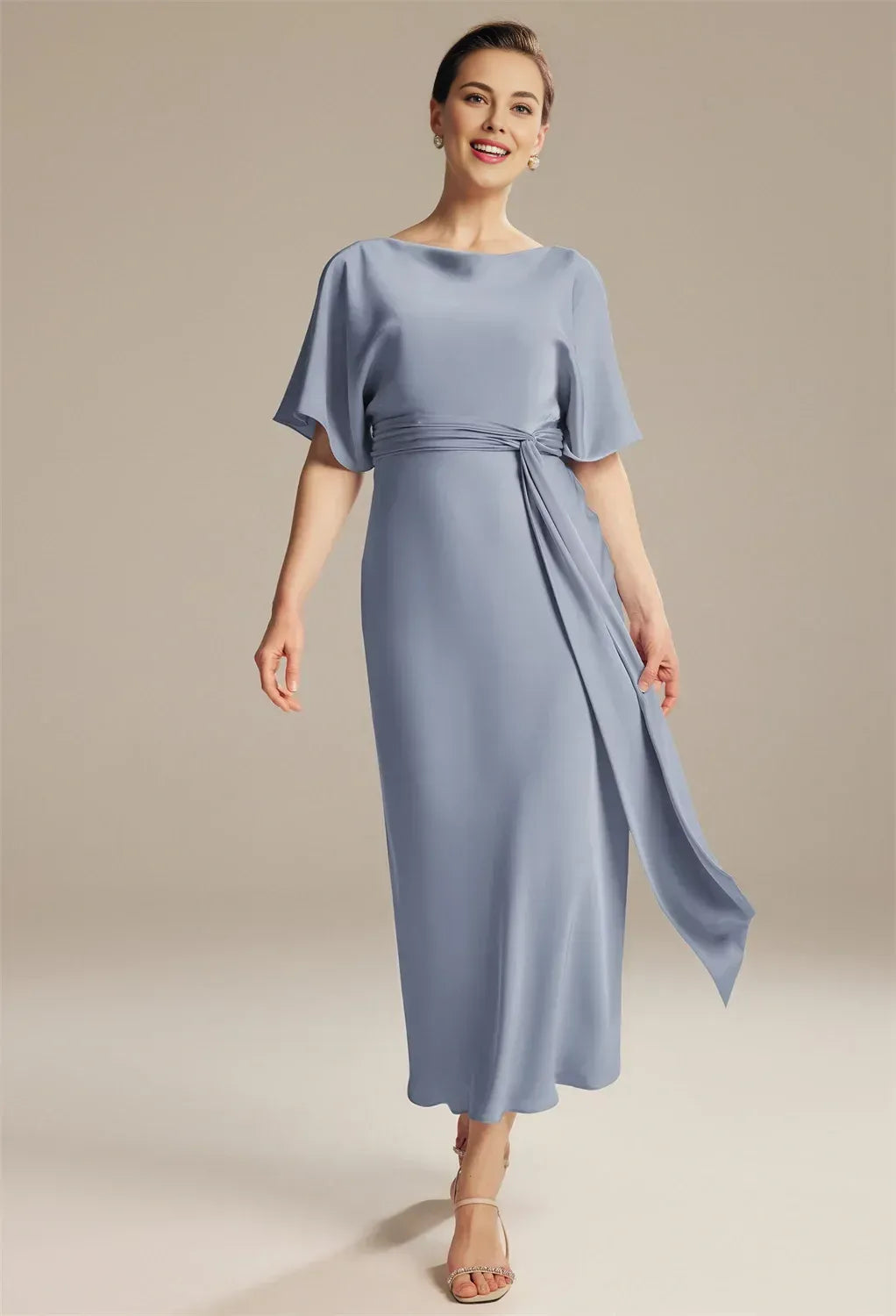 Elegant Blue Satin Sheath Short Sleeve Short Mother of the Bride Dress