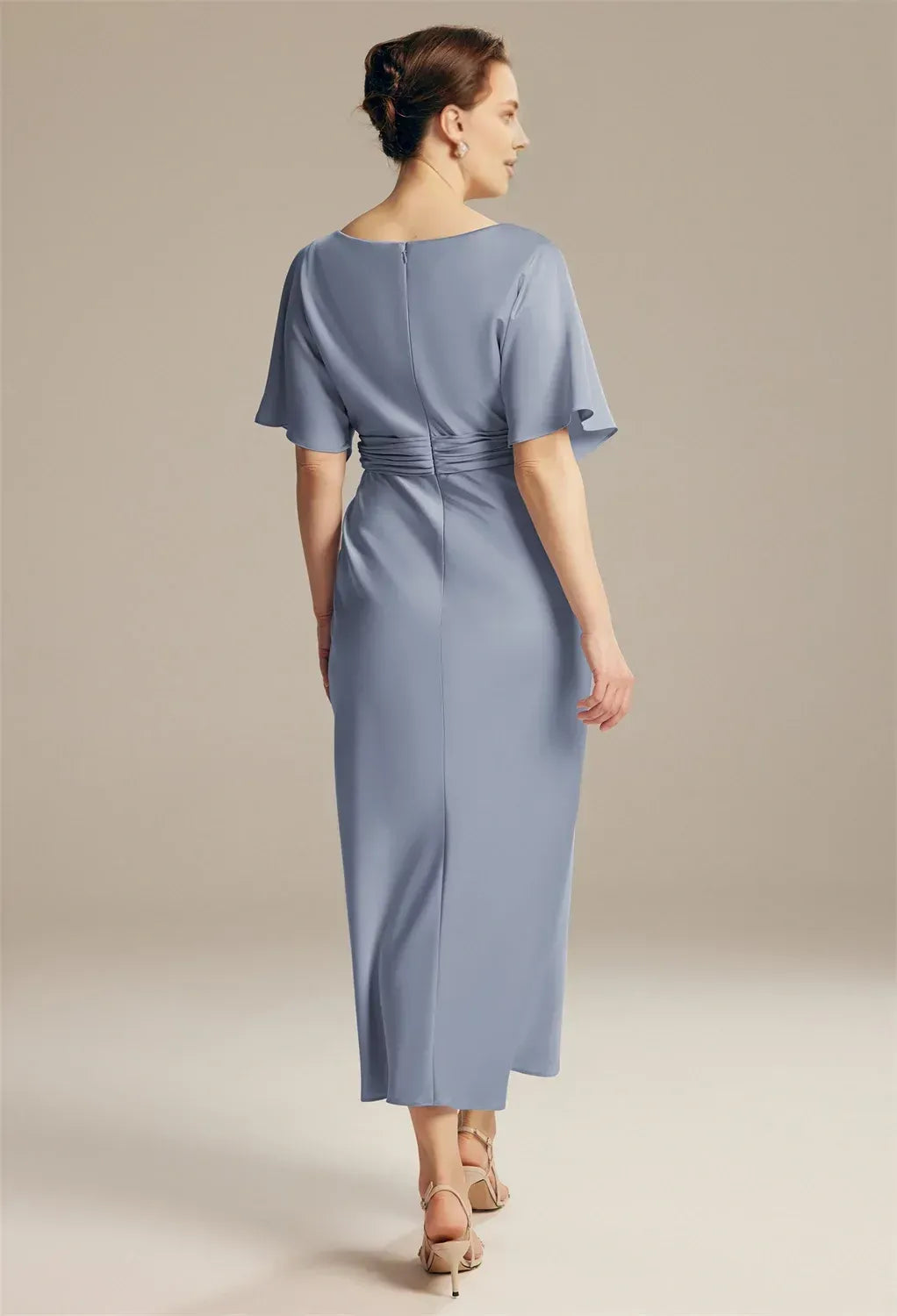 Elegant Blue Satin Sheath Short Sleeve Short Mother of the Bride Dress