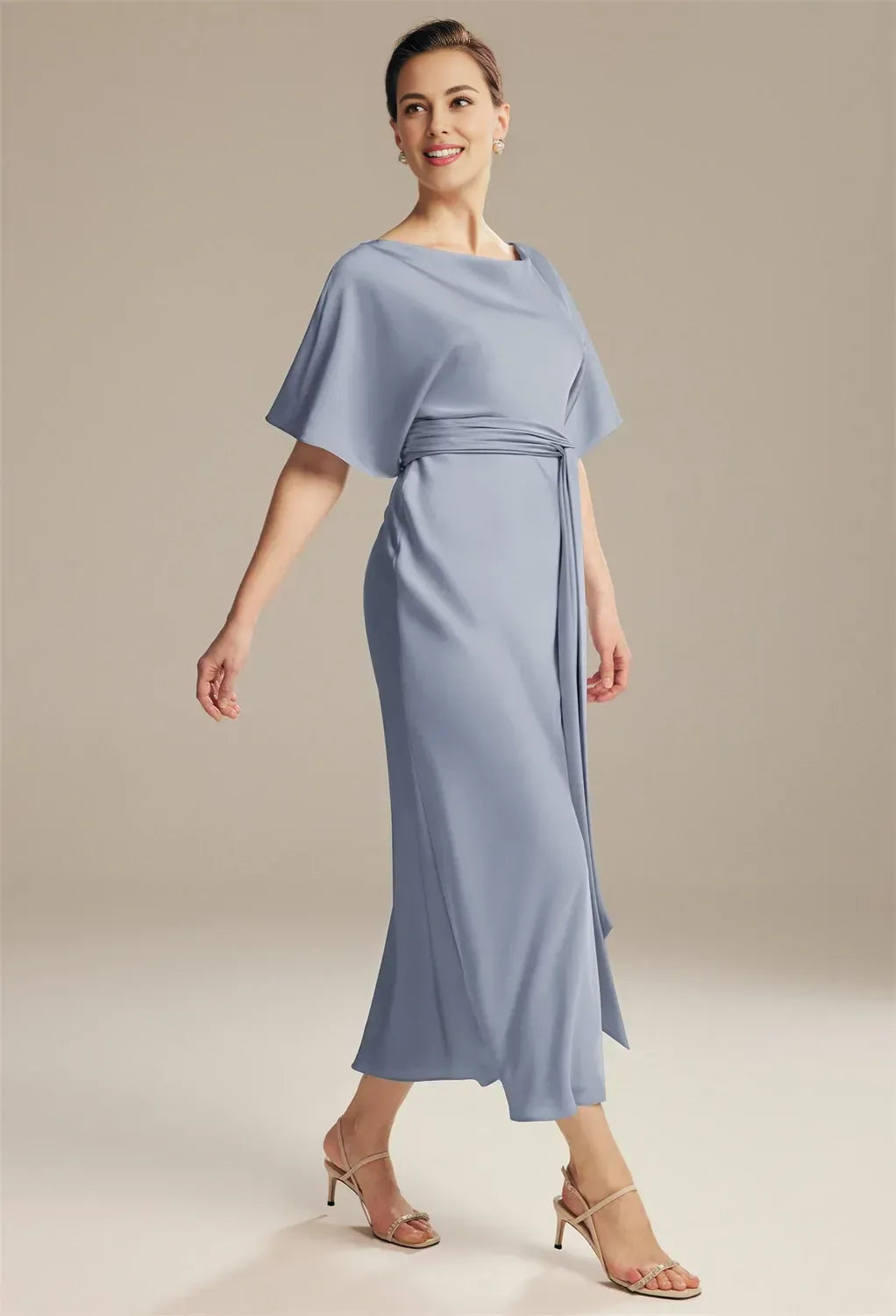Elegant Blue Satin Sheath Short Sleeve Short Mother of the Bride Dress