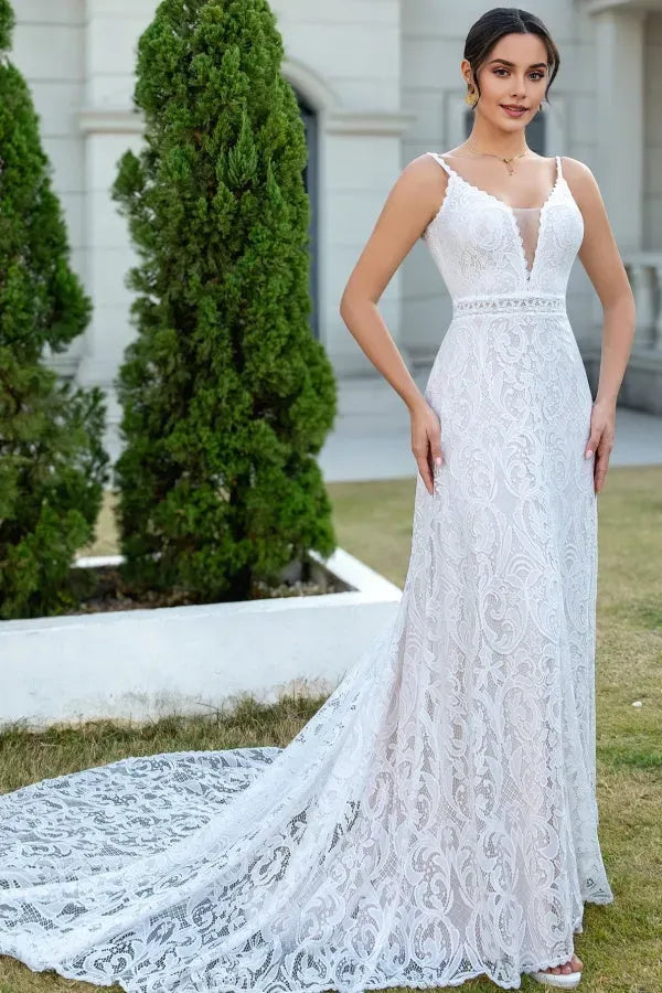 Sheath Low V Neck Spaghetti-Strap Lace-Embroidered Open-Back Court Train Wedding Dress