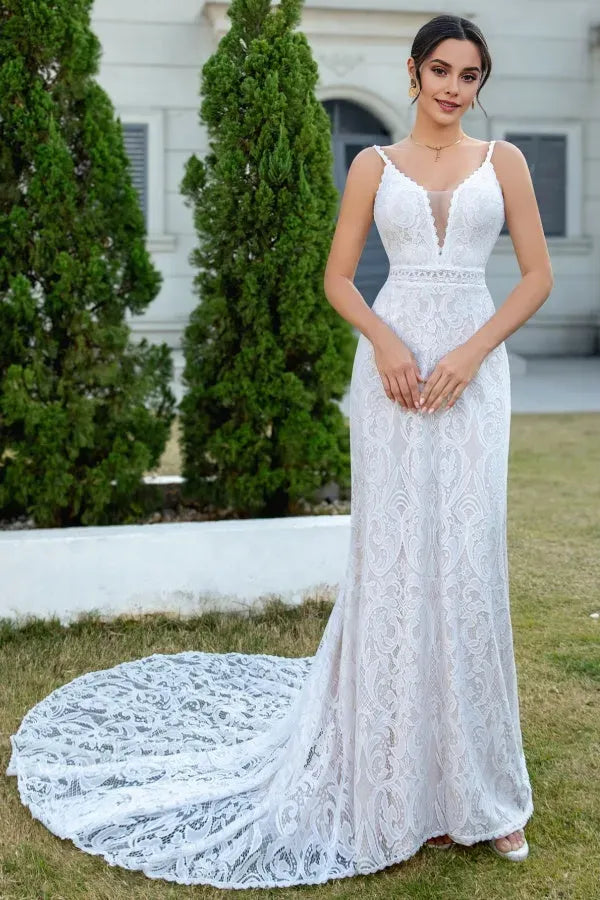 Sheath Low V Neck Spaghetti-Strap Lace-Embroidered Open-Back Court Train Wedding Dress
