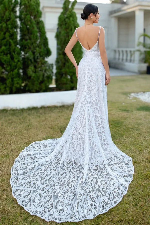 Sheath Low V Neck Spaghetti-Strap Lace-Embroidered Open-Back Court Train Wedding Dress