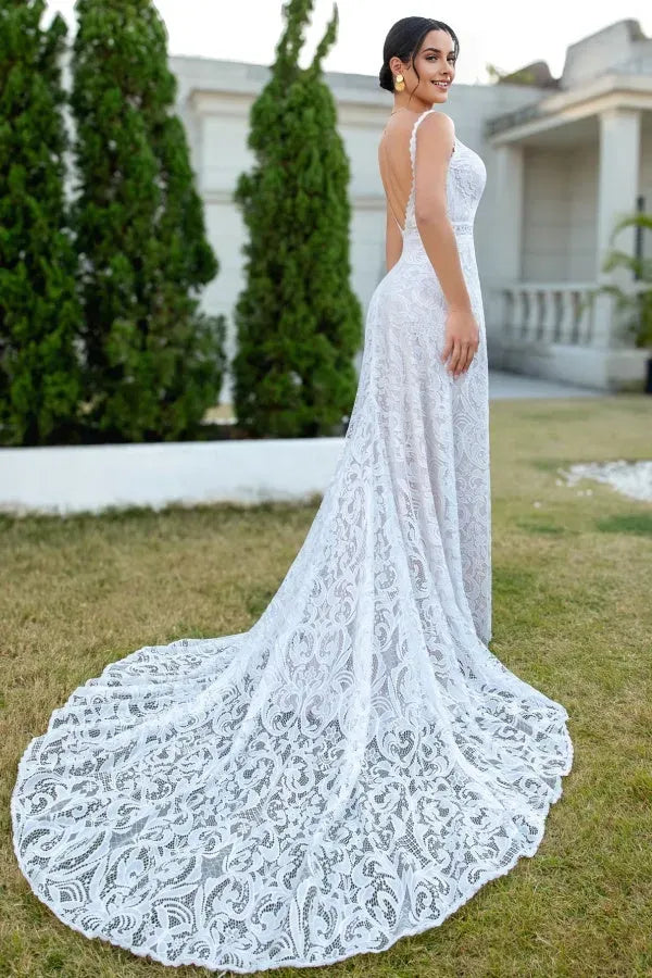 Sheath Low V Neck Spaghetti-Strap Lace-Embroidered Open-Back Court Train Wedding Dress