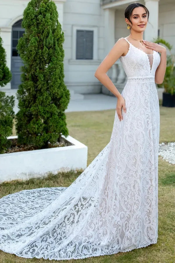 Sheath Low V Neck Spaghetti-Strap Lace-Embroidered Open-Back Court Train Wedding Dress